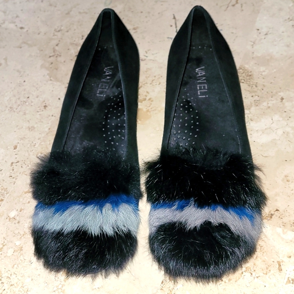 VANELI black suede with tri-colored dyed rabbit fur flats. SIZE 6